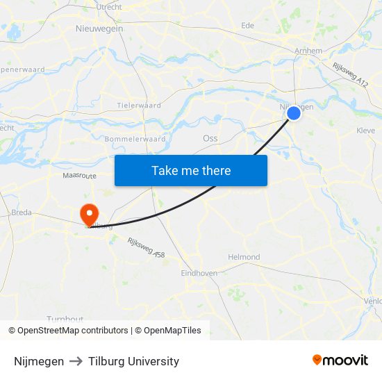 Nijmegen to Tilburg University map