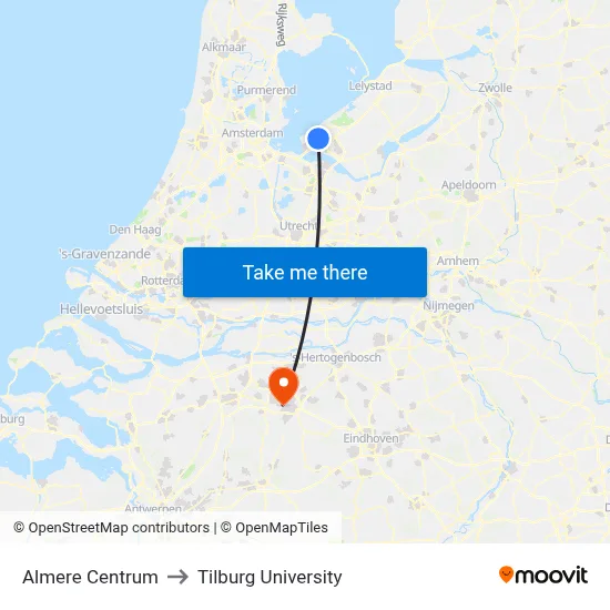 Almere Centrum to Tilburg University map