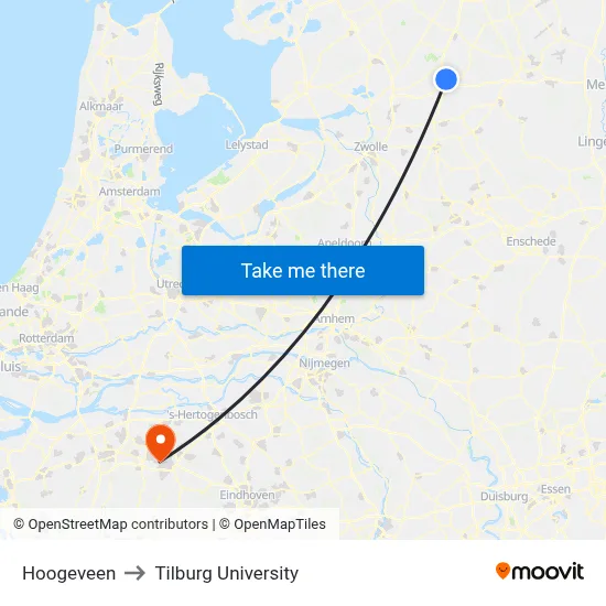Hoogeveen to Tilburg University map
