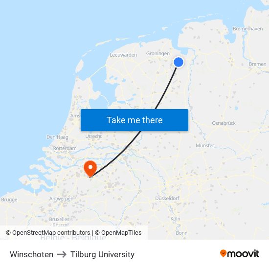 Winschoten to Tilburg University map