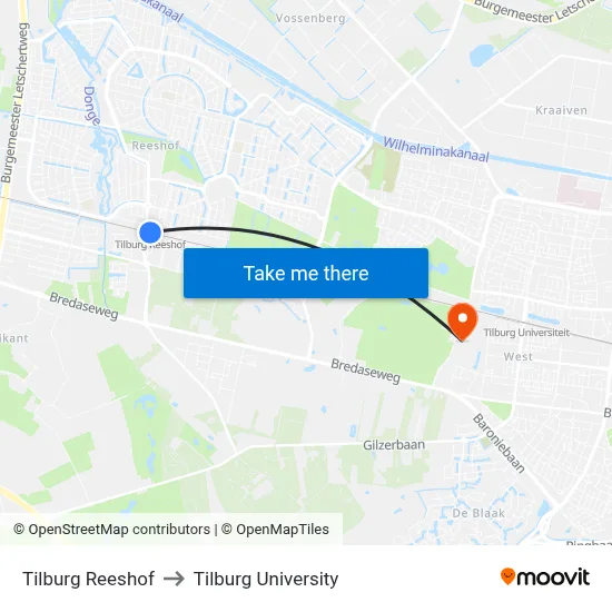 Tilburg Reeshof to Tilburg University map