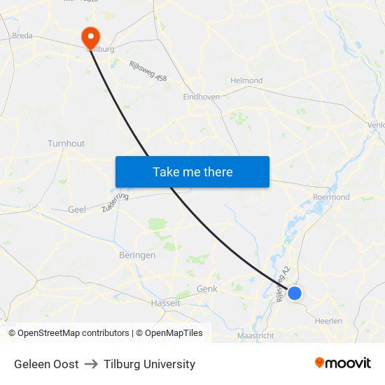 Geleen Oost to Tilburg University map