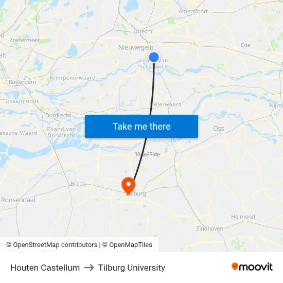 Houten Castellum to Tilburg University map