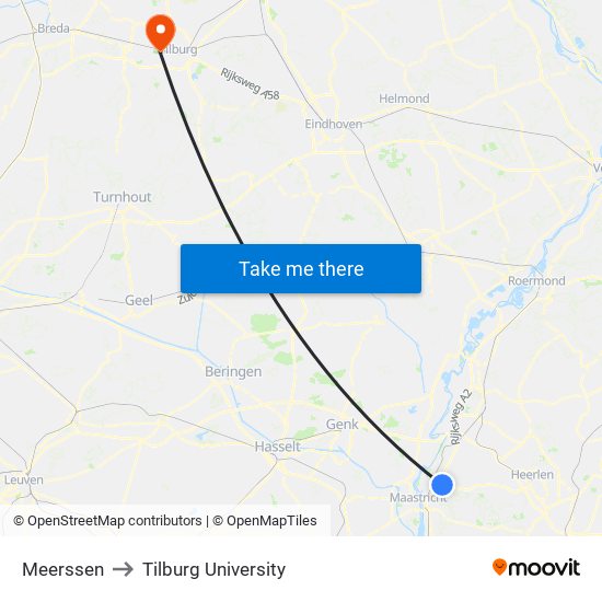 Meerssen to Tilburg University map