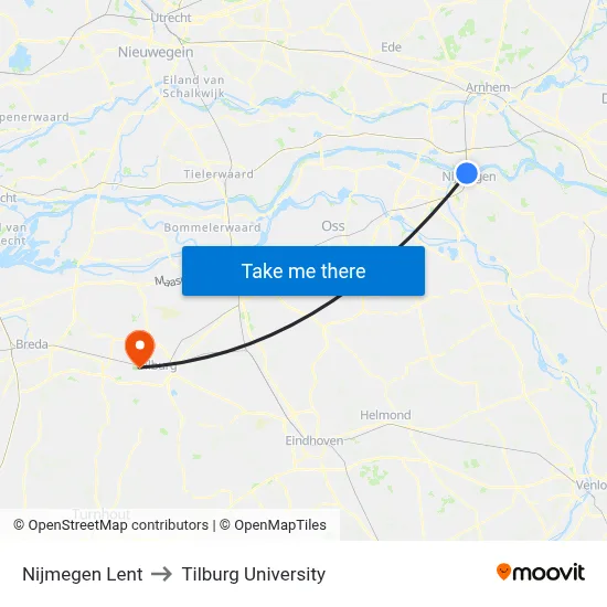 Nijmegen Lent to Tilburg University map