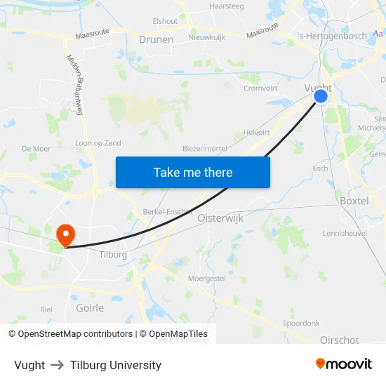 Vught to Tilburg University map