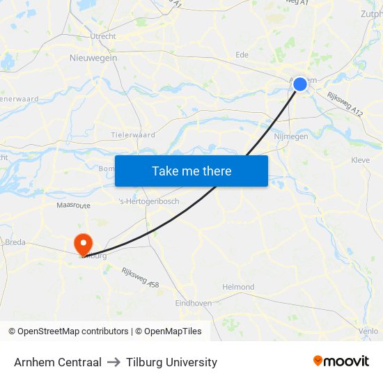 Arnhem Centraal to Tilburg University map