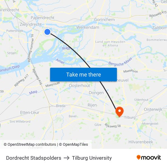 Dordrecht Stadspolders to Tilburg University map