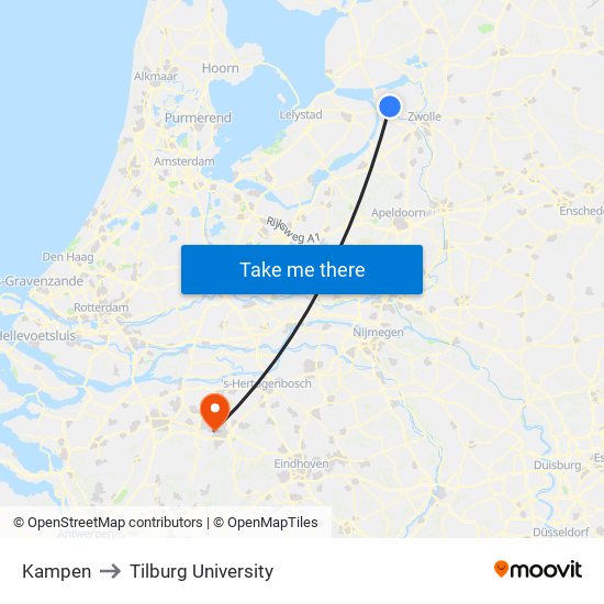 Kampen to Tilburg University map