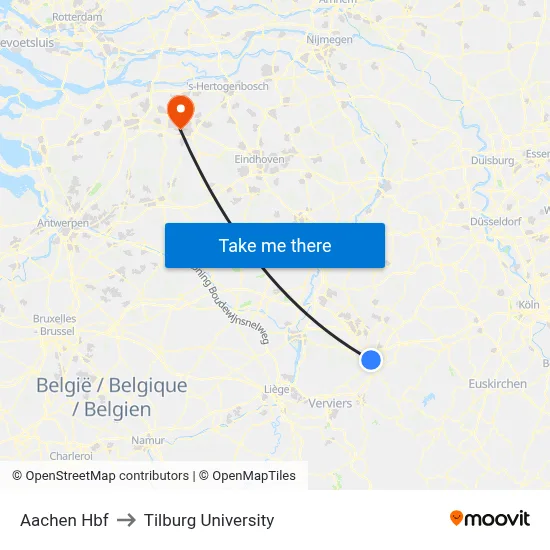 Aachen Hbf to Tilburg University map