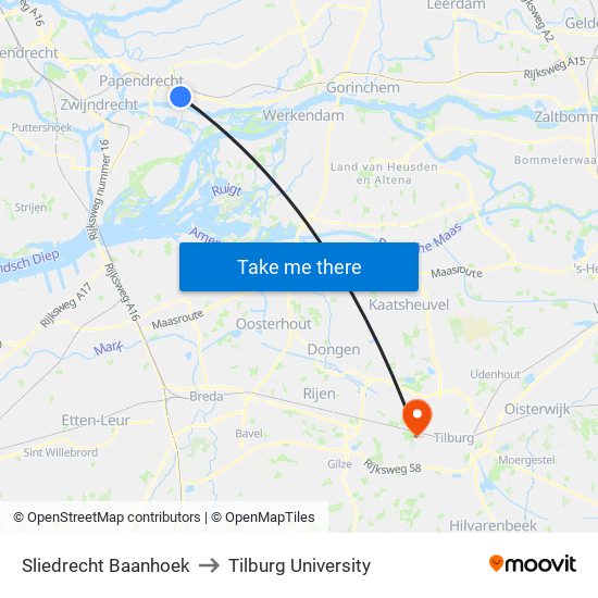 Sliedrecht Baanhoek to Tilburg University map