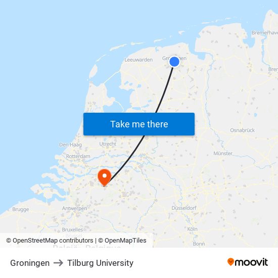 Groningen to Tilburg University map