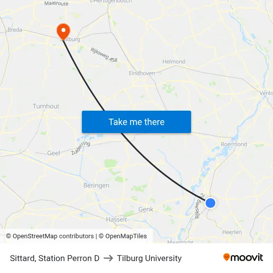 Sittard, Station Perron D to Tilburg University map