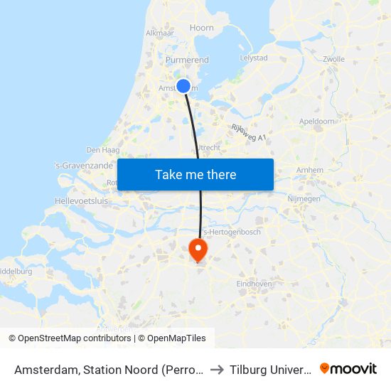 Amsterdam, Station Noord (Perron A2) to Tilburg University map