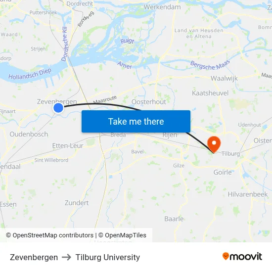 Zevenbergen to Tilburg University map