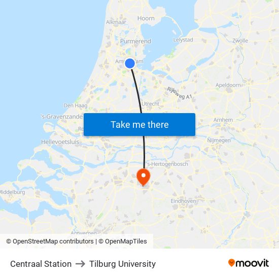 Centraal Station to Tilburg University map