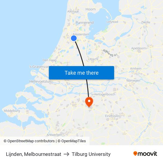 Lijnden, Melbournestraat to Tilburg University map