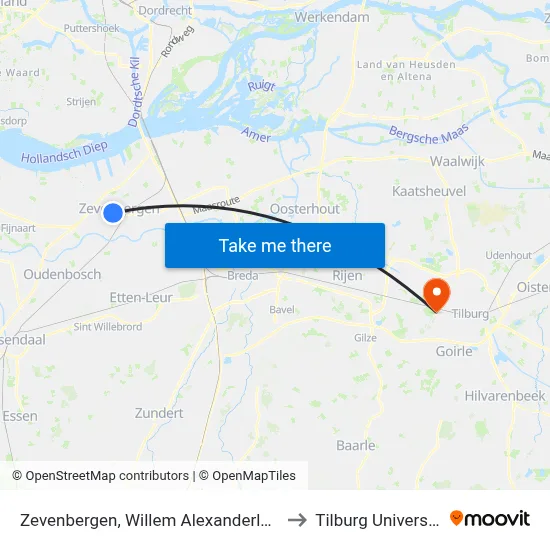 Zevenbergen, Willem Alexanderlaan to Tilburg University map
