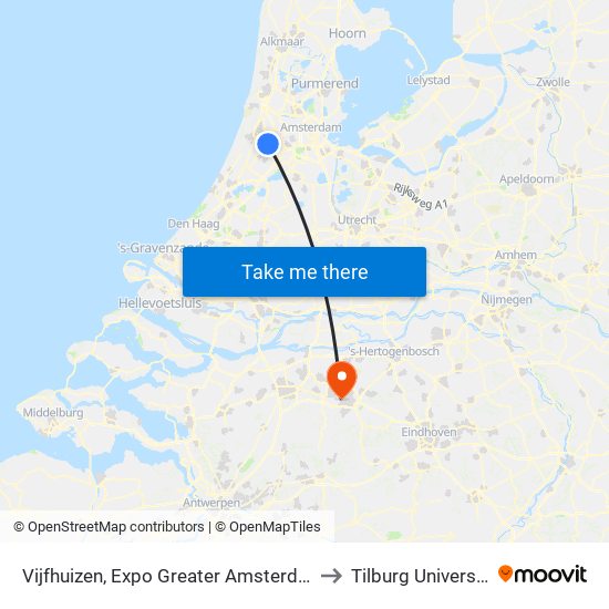 Vijfhuizen, Expo Greater Amsterdam to Tilburg University map