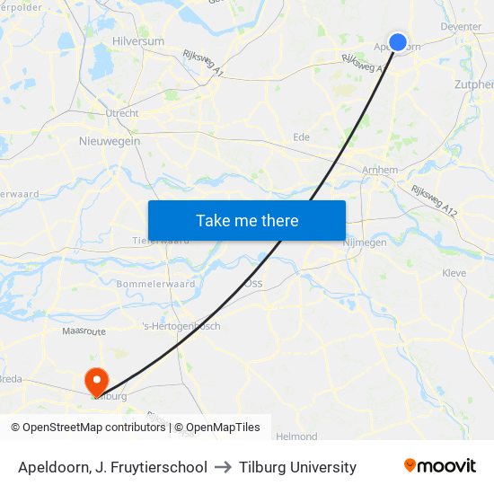 Apeldoorn, J. Fruytierschool to Tilburg University map