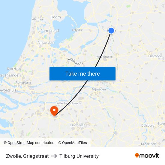 Zwolle, Griegstraat to Tilburg University map
