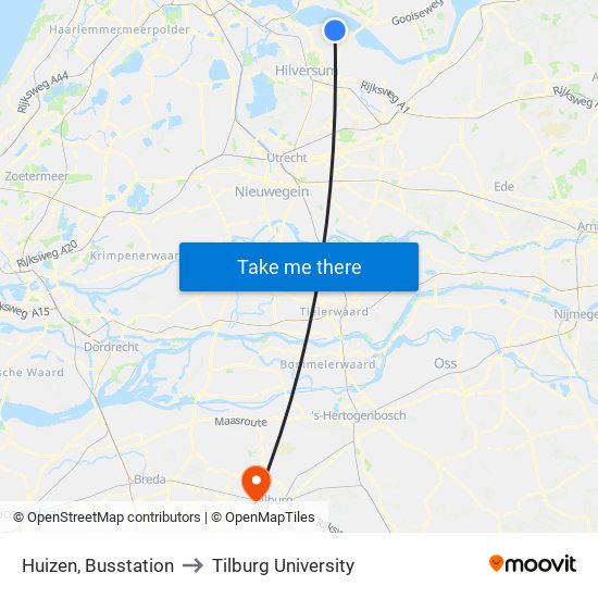 Huizen, Busstation to Tilburg University map