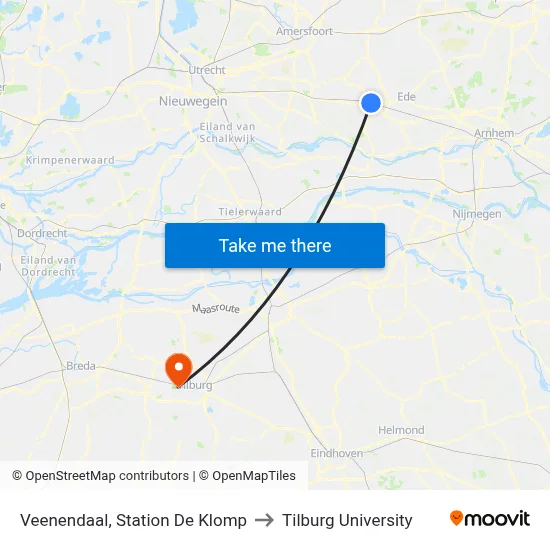 Veenendaal, Station De Klomp to Tilburg University map