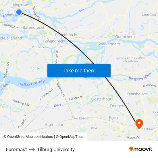 Euromast to Tilburg University map