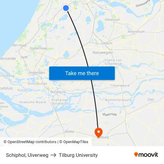 Schiphol, Uiverweg to Tilburg University map