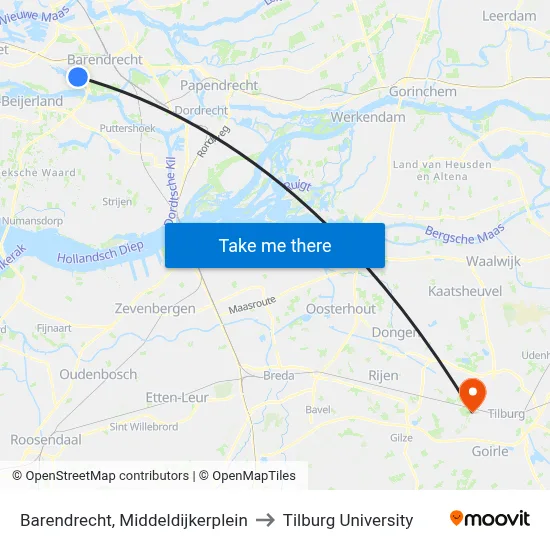Barendrecht, Middeldijkerplein to Tilburg University map