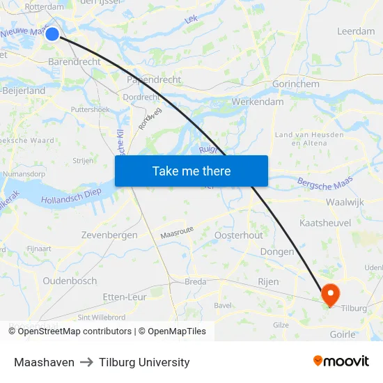 Maashaven to Tilburg University map