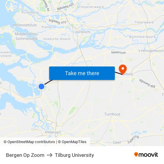 Bergen Op Zoom to Tilburg University map