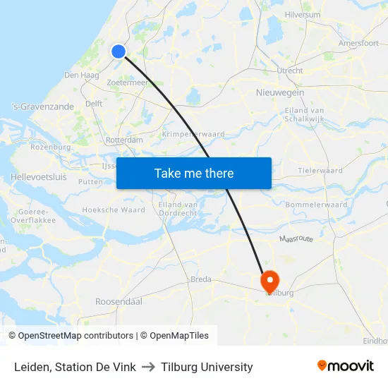 Leiden, Station De Vink to Tilburg University map