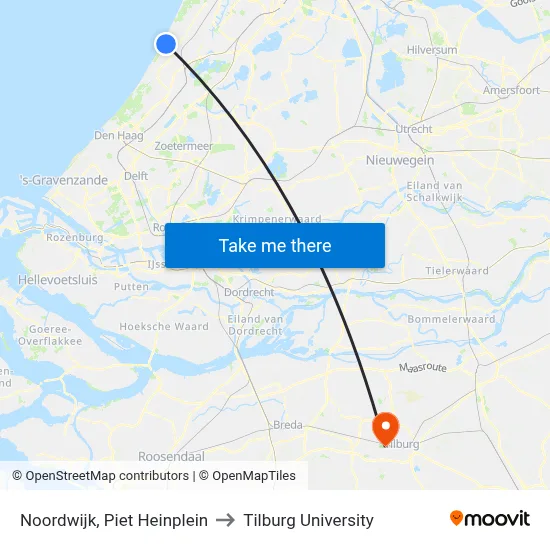 Noordwijk, Piet Heinplein to Tilburg University map