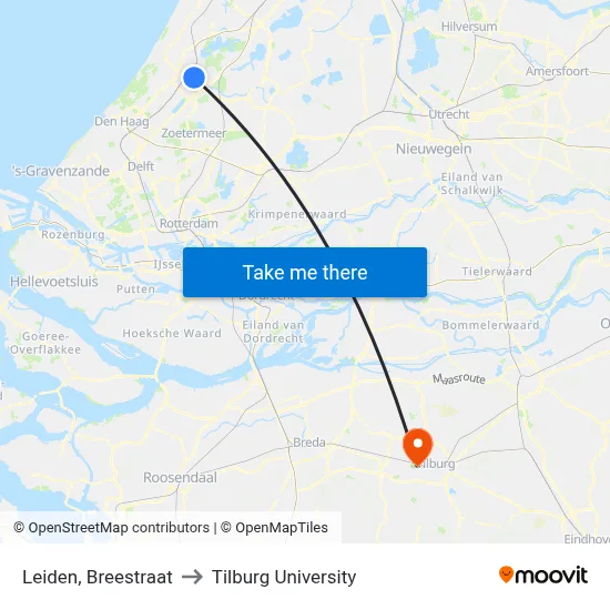 Leiden, Breestraat to Tilburg University map