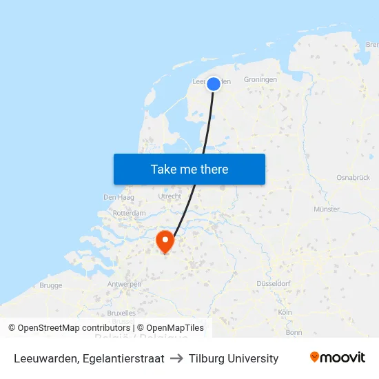 Leeuwarden, Egelantierstraat to Tilburg University map
