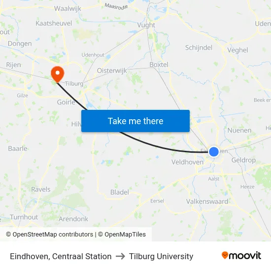 Eindhoven, Centraal Station to Tilburg University map