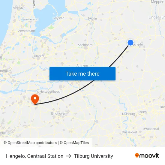 Hengelo, Centraal Station to Tilburg University map