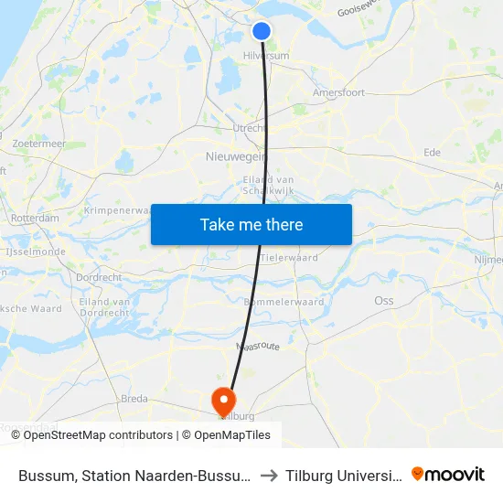 Bussum, Station Naarden-Bussum to Tilburg University map