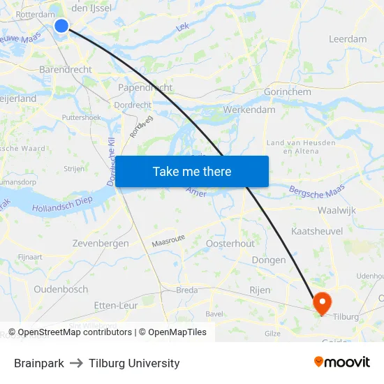 Brainpark to Tilburg University map