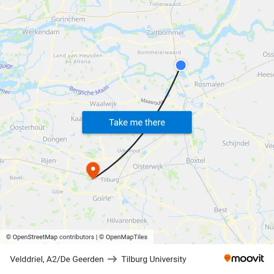 Velddriel, A2/De Geerden to Tilburg University map