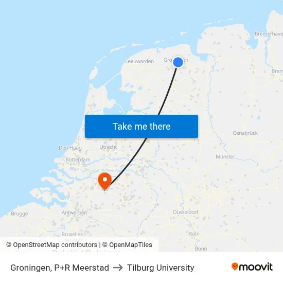 Groningen, P+R Meerstad to Tilburg University map