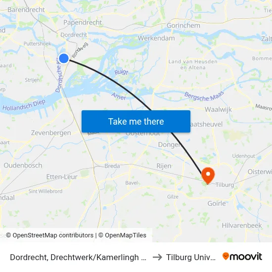 Dordrecht, Drechtwerk/Kamerlingh Onnesweg to Tilburg University map