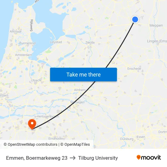 Emmen, Boermarkeweg 23 to Tilburg University map