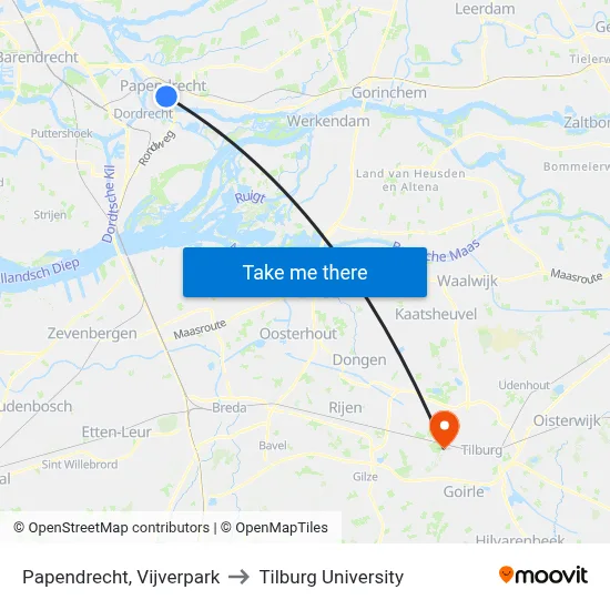 Papendrecht, Vijverpark to Tilburg University map
