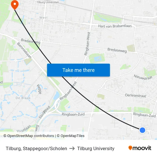 Tilburg, Stappegoor/Scholen to Tilburg University map