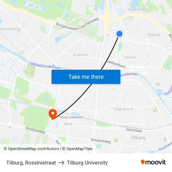 Tilburg, Rossinistraat to Tilburg University map