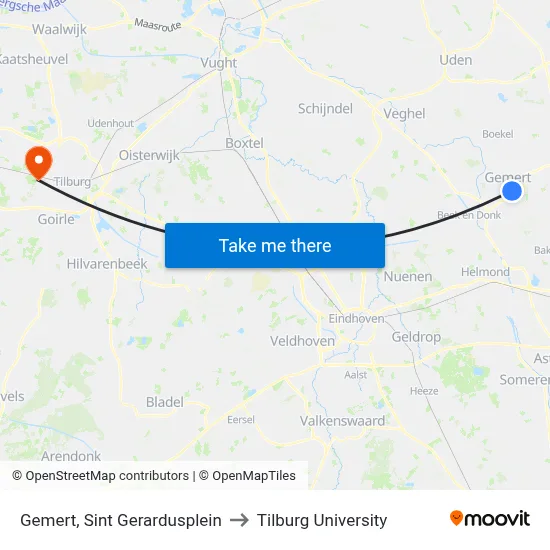 Gemert, Sint Gerardusplein to Tilburg University map