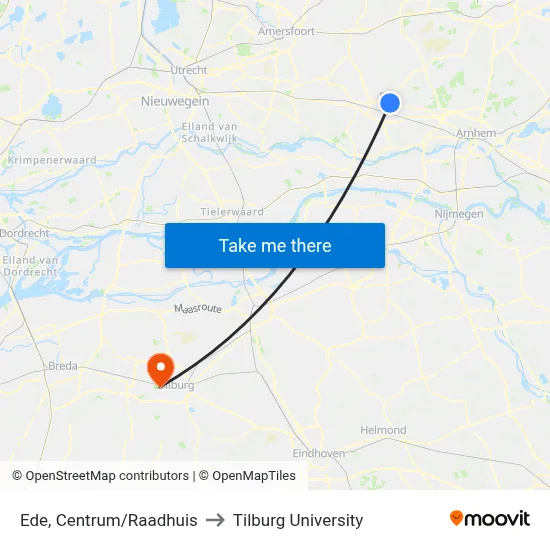 Ede, Centrum/Raadhuis to Tilburg University map