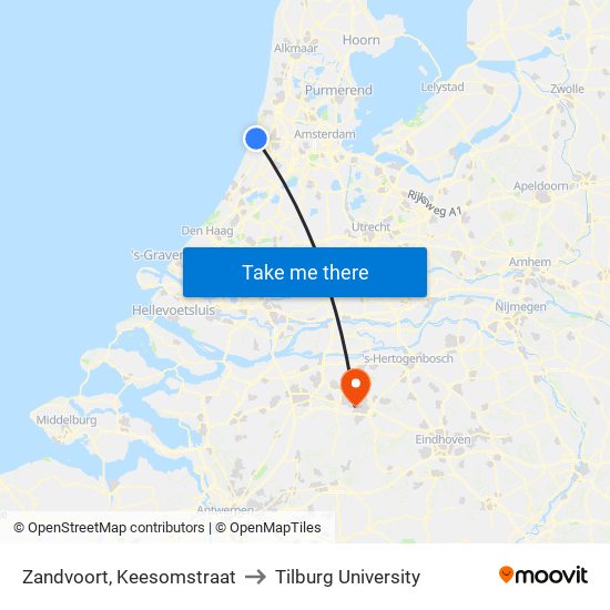 Zandvoort, Keesomstraat to Tilburg University map